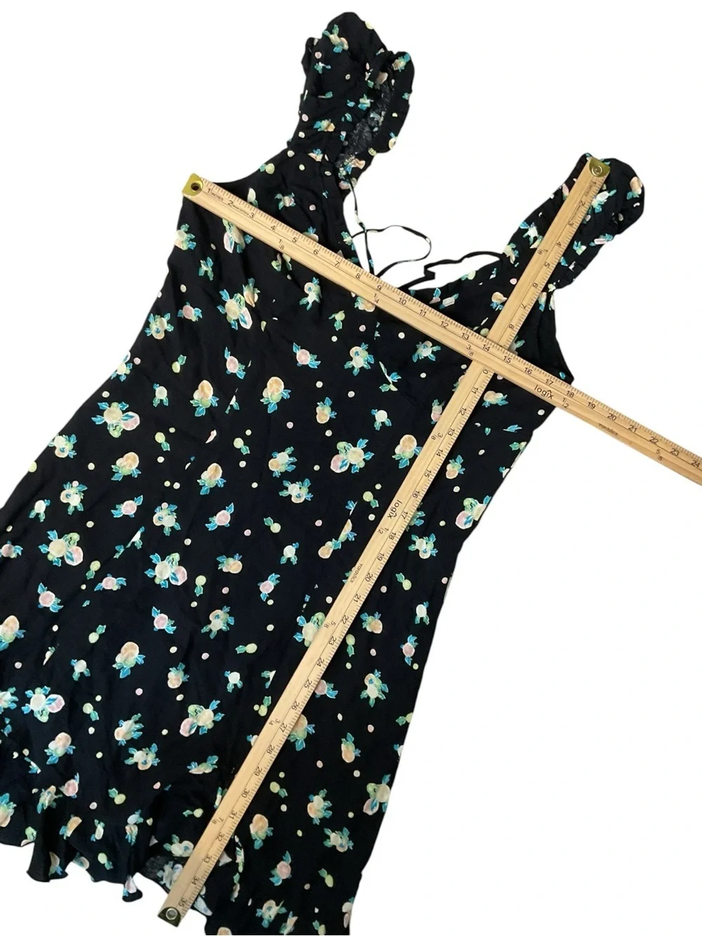 Free People Black Floral Mini Dress Open Back Ruffle Trim Size L